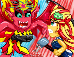 Size: 3900x3000 | Tagged: safe, artist:kamikiku, imported from derpibooru, sunset shimmer, demon, equestria girls, angry, breasts, busty sunset satan, busty sunset shimmer, duality, fight, gritted teeth, high res, human paradox, self paradox, sunset satan, sunset sushi