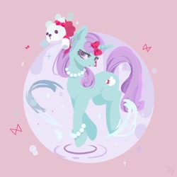 Size: 768x768 | Tagged: safe, artist:haruco2a, imported from derpibooru, oc, oc only, oc:jenni love, pony, unicorn, bow, bracelet, female, jewelry, lineless, looking at you, mare, necklace, pearl necklace, plushie, ribbon, solo, teddy bear