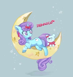 Size: 446x471 | Tagged: safe, artist:sibashen, imported from derpibooru, oc, oc only, oc:jenni love, pony, unicorn, bracelet, crescent moon, female, jewelry, looking at something, lying down, mare, moon, necklace, plushie, ribbon, solo, stars, teddy bear