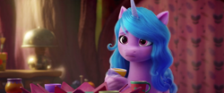 Size: 1900x792 | Tagged: safe, imported from derpibooru, screencap, izzy moonbow, pony, unicorn, spoiler:my little pony: a new generation, cup, cute, female, g5, horn, izzybetes, mare, my little pony: a new generation, needs more jpeg, sad, teacup