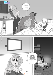 Size: 1200x1697 | Tagged: safe, artist:pia-sama, imported from derpibooru, fluttershy, rarity, spike, twilight sparkle, anthro, dragon, pegasus, unicorn, comic:rogue diamond, clothes, comic, computer, dialogue, grayscale, holding hands, laptop computer, monochrome, older, older spike, pajamas, speech bubble, unicorn twilight