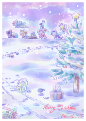 Size: 566x800 | Tagged: safe, artist:ef74, imported from derpibooru, applejack, fluttershy, pinkie pie, rainbow dash, rarity, twilight sparkle, earth pony, pegasus, pony, unicorn, applejack's hat, chibi, christmas, christmas tree, cowboy hat, flying, hat, holiday, hoofprints, mane six, merry christmas, present, santa hat, snow, stars, tree, unicorn twilight, walking, winter