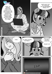 Size: 1200x1697 | Tagged: safe, artist:pia-sama, imported from derpibooru, fluttershy, twilight sparkle, anthro, pegasus, plantigrade anthro, unicorn, comic:rogue diamond, barefoot, clothes, computer, dialogue, duo, feet, female, grayscale, laptop computer, mare, monochrome, pajamas, speech bubble, unicorn twilight