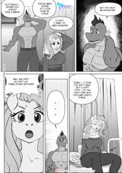 Size: 1200x1697 | Tagged: safe, artist:pia-sama, imported from derpibooru, fluttershy, spike, anthro, dragon, pegasus, comic:rogue diamond, ..., breasts, busty fluttershy, comic, dialogue, duo, grayscale, monochrome, older, older spike, speech bubble, sweat, sweatdrop