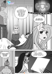 Size: 1200x1697 | Tagged: safe, artist:pia-sama, imported from derpibooru, fluttershy, rarity, spike, twilight sparkle, anthro, dragon, pegasus, unicorn, comic:rogue diamond, comic, dialogue, female, grayscale, male, mare, monochrome, older, older spike, speech bubble