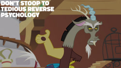 Size: 1280x720 | Tagged: safe, edit, edited screencap, editor:quoterific, imported from derpibooru, screencap, discord, draconequus, dungeons and discords, season 6, discord is not amused, fluttershy's cottage, male, solo, text, unamused