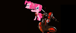 Size: 975x425 | Tagged: safe, artist:thewolfheart89, imported from derpibooru, pinkie pie, earth pony, pony, 2012, black background, crossover, deadpool, marvel, simple background
