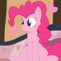 Size: 1378x1378 | Tagged: safe, artist:tiga mega, imported from derpibooru, pinkie pie, earth pony, pony, blushing, emanata, female, heart, mare, sitting, smiling, solo