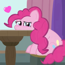 Size: 1378x1378 | Tagged: safe, artist:tiga mega, imported from derpibooru, pinkie pie, earth pony, pony, blushing, emanata, female, heart, looking at you, mare, sitting, solo, table