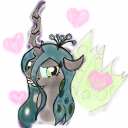 Size: 2048x2048 | Tagged: safe, artist:tiga mega, imported from derpibooru, queen chrysalis, changeling, changeling queen, pony, female, heart, looking at you, mare, simple background, solo, white background