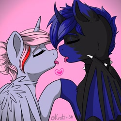 Size: 2160x2160 | Tagged: safe, artist:krotir56, imported from derpibooru, oc, alicorn, bat pony, bat pony alicorn, pony, 1:1, bat wings, hair bun, heart, holiday, horn, imminent kissing, love, shipping, tongue out, valentine, valentine's day, wings