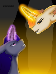 Size: 1440x1920 | Tagged: safe, artist:sforcetheartist, imported from derpibooru, oc, oc only, alicorn, pony, unicorn, alicorn oc, antagonist, artwork, aura, black sclera, colored pupils, digital art, duo, duo male, ears back, epic, eye contact, eyebrows, fight, fire, glowing, glowing eyes, glowing horn, gritted teeth, horn, lidded eyes, looking at each other, looking at someone, magic, male, narrowed eyes, oc villain, open mouth, open smile, original art, protagonist, sharp teeth, smiling, stallion, teeth, wings