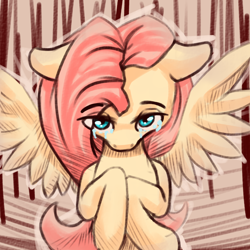 Size: 2000x2000 | Tagged: safe, artist:falses, imported from derpibooru, fluttershy, pegasus, crying, cute, digital art, eyes open, female, high res, looking at you, mare, panic, sad, shading, simple background, sketch, solo, spread wings, tears of pain, wings