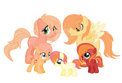 Size: 1024x699 | Tagged: safe, artist:kaiimira, imported from derpibooru, oc, oc only, oc:gingersnap, oc:honeycrisp, oc:marlow, oc:peach snow, oc:red delicious, earth pony, pegasus, pony, base used, body freckles, colt, deviantart watermark, female, filly, foal, freckles, male, obtrusive watermark, offspring, parent:big macintosh, parent:fluttershy, parents:fluttermac, siblings, simple background, watermark, white background