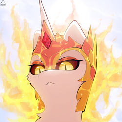 Size: 1324x1324 | Tagged: safe, artist:glazirka, imported from derpibooru, daybreaker, alicorn, pony, :<, cute, cute little fangs, dark sclera, diabreaker, fangs, mane of fire, solo