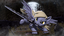 Size: 3840x2160 | Tagged: safe, artist:owlpirate, imported from derpibooru, derpy hooves, pegasus, pony, 3d, 4k, dark souls, epic derpy, female, forest, full moon, high res, mare, moon, open mouth, scowl, solo, source filmmaker, sword, weapon