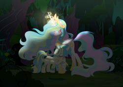 Size: 2912x2059 | Tagged: safe, artist:stormcloud-yt, imported from derpibooru, princess celestia, oc, alicorn, changepony, hybrid, pony, base used, duo, eyes closed, female, forest, glowing, glowing horn, horn, interspecies offspring, jewelry, mare, offspring, outdoors, parent:princess celestia, parent:thorax, parents:thoralestia, tiara