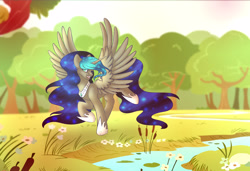 Size: 4093x2794 | Tagged: safe, artist:stormcloud-yt, imported from derpibooru, oc, oc only, alicorn, pony, alicorn oc, ethereal mane, female, hoof shoes, horn, looking back, mare, outdoors, river, solo, starry mane, water, wings