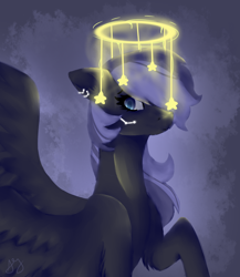 Size: 820x945 | Tagged: safe, artist:peachyminnie, imported from derpibooru, oc, oc only, pegasus, pony, bust, ear piercing, earring, halo, jewelry, pegasus oc, piercing, solo, stars, wings