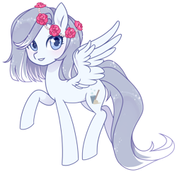 Size: 1024x996 | Tagged: safe, artist:miioko, imported from derpibooru, oc, oc only, pegasus, pony, female, flower, flower in hair, mare, pegasus oc, raised hoof, rose, simple background, solo, transparent background, wings