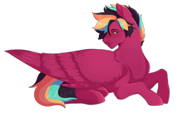 Size: 2944x1875 | Tagged: safe, artist:delzol, imported from derpibooru, oc, oc only, pegasus, pony, lying down, male, multicolored hair, pegasus oc, prone, rainbow hair, simple background, solo, stallion, transparent background, wings