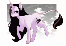 Size: 1280x896 | Tagged: safe, artist:delzol, imported from derpibooru, oc, oc only, pony, unicorn, eyelashes, female, horn, leonine tail, mare, raised hoof, solo, tail, unicorn oc