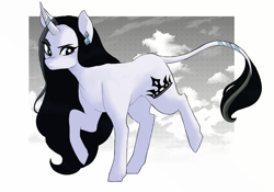 Size: 1280x896 | Tagged: safe, alternate version, artist:delzol, imported from derpibooru, oc, oc only, pony, unicorn, ear piercing, eyelashes, female, horn, horn ring, jewelry, leonine tail, mare, piercing, raised hoof, ring, solo, tail, unicorn oc