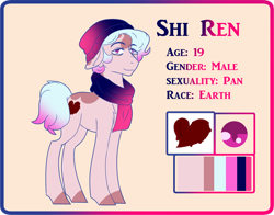 Size: 1280x1004 | Tagged: safe, artist:himedereponyartblog, imported from derpibooru, oc, oc only, earth pony, pony, beanie, clothes, earth pony oc, hat, male, pansexual, pansexual pride flag, pride, pride flag, reference sheet, scarf, solo, stallion