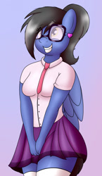 Size: 744x1280 | Tagged: safe, artist:bellenightjoy, imported from derpibooru, oc, oc only, oc:belle nightjoy, anthro, pegasus, clothes, ear piercing, female, glasses, gradient background, necktie, pegasus oc, piercing, sissy, skirt, solo, wings