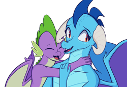 Size: 2100x1437 | Tagged: safe, anonymous artist, imported from derpibooru, princess ember, spike, dragon, awkward smile, dragoness, emberspike, eyes closed, female, hug, male, shipping, simple background, smiling, straight, transparent background, winged spike, wings