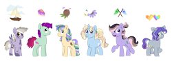 Size: 7170x2553 | Tagged: safe, artist:queenderpyturtle, imported from derpibooru, oc, oc only, earth pony, pegasus, pony, unicorn, female, filly, foal, offspring, parent:coconut cream, parent:cozy glow, parent:diamond tiara, parent:pipsqueak, parent:shady daze, parent:skeedaddle, parent:toola roola, parent:tornado bolt, simple background, transparent background