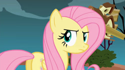 Size: 1280x720 | Tagged: safe, imported from derpibooru, screencap, fluttershy, pegasus, pony, putting your hoof down, season 2, female, fluttershy is not amused, implied iron will, looking at you, mare, solo, unamused