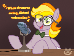Size: 852x647 | Tagged: safe, artist:pigeorgien, imported from derpibooru, oc, oc only, oc:star trails, pegasus, pony, bowtie, female, glasses, kraftwerk, lyrics, mare, microphone, show accurate, singing, solo, song reference, text