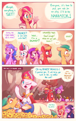 Size: 1800x2850 | Tagged: safe, artist:scribble-potato, imported from derpibooru, hitch trailblazer, izzy moonbow, pipp petals, sprout cloverleaf, sunny starscout, zipp storm, bird, crab, dog, earth pony, pegasus, pony, unicorn, 3 panel comic, apple, cloudpuff, comic, crossdressing, dunce hat, female, floppy ears, food, g5, hat, implied hitchzipp, implied straight, izzy impaling things, laughing, male, mane five (g5), mane stripe sunny, mare, mcsnips-a-lot, new mane six (g5), pipp is short, snow white and the seven dwarfs, stallion, wheeze, winged dog, wings