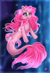 Size: 1280x1852 | Tagged: safe, artist:copshop, imported from derpibooru, pinkie pie, angler fish, fish, seapony (g4), blue eyes, bubble, dorsal fin, female, fish tail, flowing mane, flowing tail, glow, glowing, logo, mare, ocean, open mouth, open smile, pink mane, pink tail, seaponified, seapony pinkie pie, seaquestria, smiling, solo, species swap, starry eyes, swimming, tail, teeth, underwater, water, watermark, wingding eyes