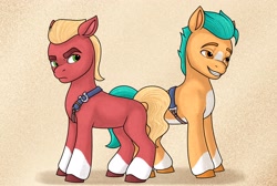 Size: 3048x2048 | Tagged: safe, artist:dancingkinfiend, imported from derpibooru, hitch trailblazer, sprout cloverleaf, earth pony, pony, angry, badge, belt, blonde, blonde hair, blonde mane, cheeky, coat markings, cocky, duo, duo male, eyebrows down, frown, g5, green eyes, harness, male, my little pony: a new generation, orange eyes, raised eyebrow, red fur, sheriff, smiling, smirk, socks (coat markings), stallion, teeth, uncomfortable, unhappy, wavy hair, wavy mane, yellow fur