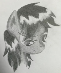 Size: 1024x1237 | Tagged: safe, artist:explosionmare, imported from derpibooru, scootaloo, pegasus, pony, fanfic:rainbow factory, absentia, alternate hairstyle, fanfic art, female, frown, gray background, looking down, pegasus device, pencil drawing, sad, simple background, solo, traditional art