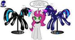 Size: 7680x4154 | Tagged: safe, artist:damlanil, imported from derpibooru, oc, oc:nightlight aura, oc:peony, oc:star eyes, pegasus, pony, unicorn, bondage, clothes, collar, commission, crystal horn, encasement, fake horn, female, horn, i have no mouth and i must scream, inanimate tf, latex, link in description, magic, magic aura, mannequin, mannequin tf, mare, no mouth, objectification, pedestal, petrification, ponyquin, rubber, shiny, show accurate, simple background, story included, transformation, transparent background, vector