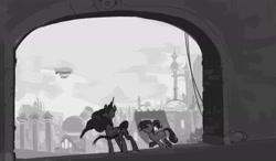 Size: 2367x1385 | Tagged: safe, artist:cadillac-dynamite, imported from derpibooru, luster dawn, twilight sparkle, alicorn, pony, unicorn, the last problem, airship, city, cityscape, duo, female, grayscale, mare, monochrome, older, older twilight, princess twilight 2.0, scenery, twilight sparkle (alicorn)
