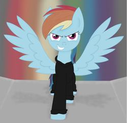 Size: 1024x997 | Tagged: safe, artist:bubbly-storm, imported from derpibooru, rainbow dash, pegasus, pony, fanfic:rainbow factory, 2015, black suit, evil, evil grin, fanfic art, grin, gritted teeth, liquid rainbow, looking at you, pegasus device, rainbow factory dash, smiling, spectra, spread wings, teeth, this will end in death, walking, walking towards you, wings