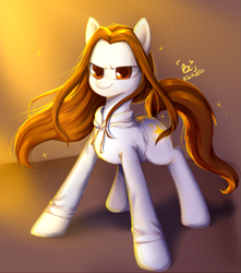 Size: 1421x1607 | Tagged: safe, artist:biotari, imported from derpibooru, oc, oc:sky light, earth pony, pony, clothes, determined, hoodie, lidded eyes, male, smiling, solo, stallion