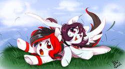 Size: 1259x698 | Tagged: safe, artist:biotari, imported from derpibooru, oc, oc only, oc:snowbi heart, oc:tiorafa, earth pony, pegasus, pony, choker, duo, looking back, lying down, open mouth, open smile, prone, smiling, wristband