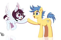Size: 1719x1145 | Tagged: safe, artist:biotari, imported from derpibooru, oc, oc only, oc:snowbi heart, earth pony, pegasus, pony, blue eyes, choker, duo, eye contact, female, looking at each other, looking at someone, male, mare, open mouth, open smile, pink eyes, simple background, smiling, stallion, touch, white background, wings