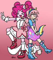 Size: 892x1000 | Tagged: safe, artist:/d/non, imported from derpibooru, pinkie pie, cat, human, equestria girls, :3, anime, blushing, boots, bow, bracelet, clothes, clothes swap, crossover, dress, duo, eyes closed, fake ears, fake tail, februpony, female, gloves, hair bow, incubator (species), jewelry, knee high boots, kneesocks, kyubey, madoka kaname, magical girl, peace sign, pigtails, pink background, pink hair, ponied up, ponytail, puella magi madoka magica, shoes, simple background, socks, twintails