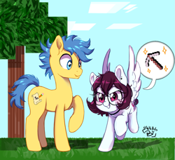 Size: 1219x1112 | Tagged: safe, artist:biotari, imported from derpibooru, oc, oc only, oc:snowbi heart, earth pony, pegasus, pony, choker, duo, ear piercing, earring, female, glasses, jewelry, male, mare, minecraft, piercing, raised hoof, smiling, speech bubble, spread wings, stallion, wings