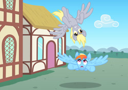 Size: 1280x906 | Tagged: safe, artist:malte279, imported from derpibooru, derpy hooves, rainbow dash, flying, upside down