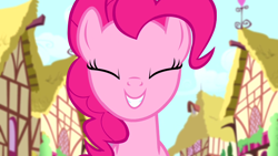 Size: 1280x720 | Tagged: safe, imported from derpibooru, screencap, pinkie pie, earth pony, pony, pinkie pride, season 4, ^^, cute, diapinkes, eyes closed, female, mare, ponyville, smiling, solo, squee