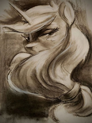 Size: 640x853 | Tagged: safe, artist:applepost67, imported from derpibooru, applejack, alicorn, pony, alicornified, applecorn, bust, charcoal (medium), long mane, monochrome, race swap, simple background, solo, traditional art