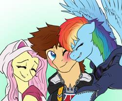 Size: 2400x2000 | Tagged: safe, artist:not-ordinary-pony, imported from derpibooru, fluttershy, rainbow dash, fanfic:kingdom hearts of harmony, clothes, commission, crossover, crossover shipping, female, kingdom hearts, kingdom hearts of harmony, male, shipping, sora, sora gets all the mares, straight