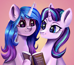 Size: 3120x2740 | Tagged: safe, artist:ske, imported from derpibooru, izzy moonbow, starlight glimmer, pony, unicorn, book, cute, cyrillic, duo, duo female, female, g4, g4 to g5, g5, glimmerbetes, high res, izzybetes, mare, my little pony: a new generation, notebook, reading, russian, smiling, text, translated in the description